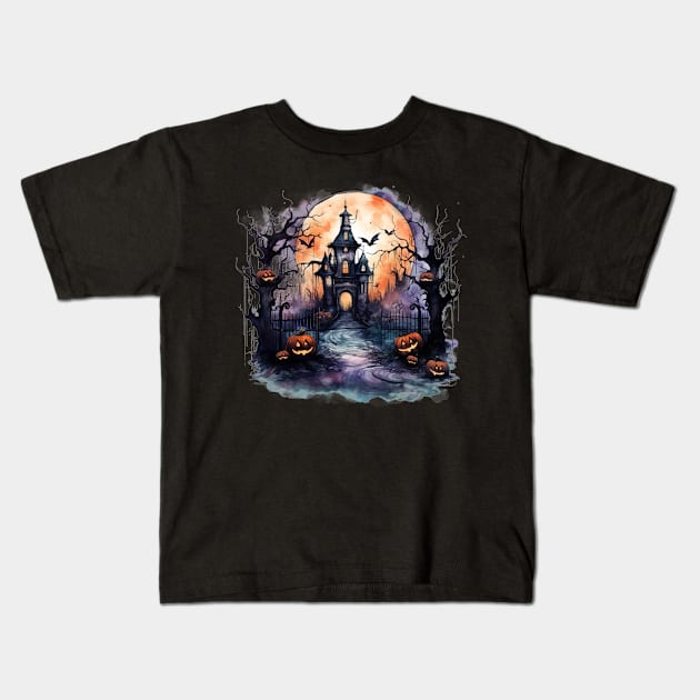 Scary Halloween Castle Watercolor Style Kids T-Shirt by AnnaMDesigne